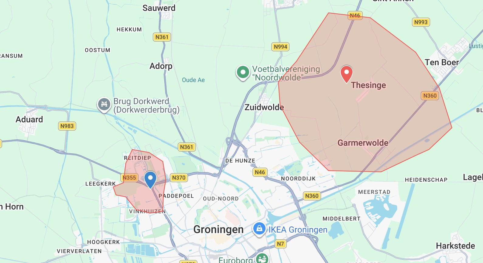 Kaart met mogelijke zoekgebieden rond Thesinge en Vinkhuizen
